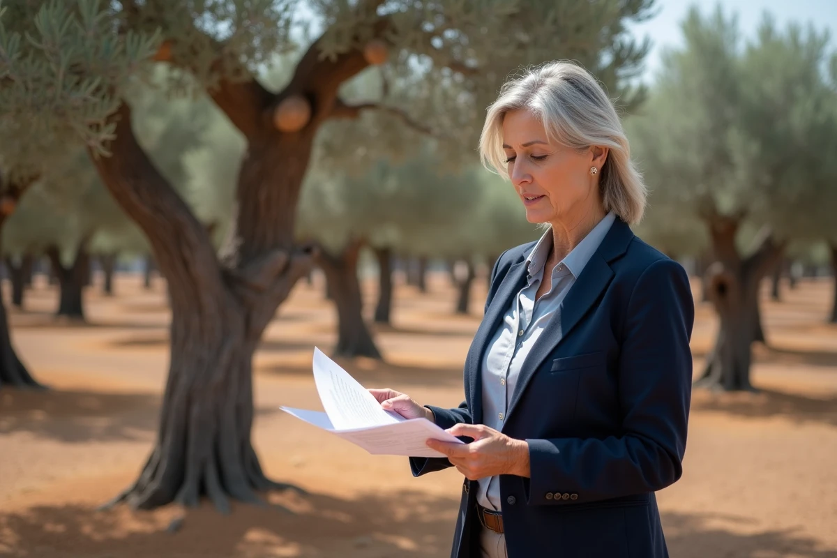 Inspectrice agricole comparant les lois sur le glyphosate devant une oliveraie espagnole en Andalousie