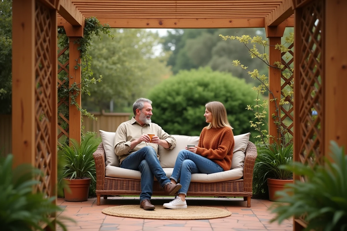 Intérieur d'une pergola en bois fermée avec couple qui se détend sous une charpente en cèdre