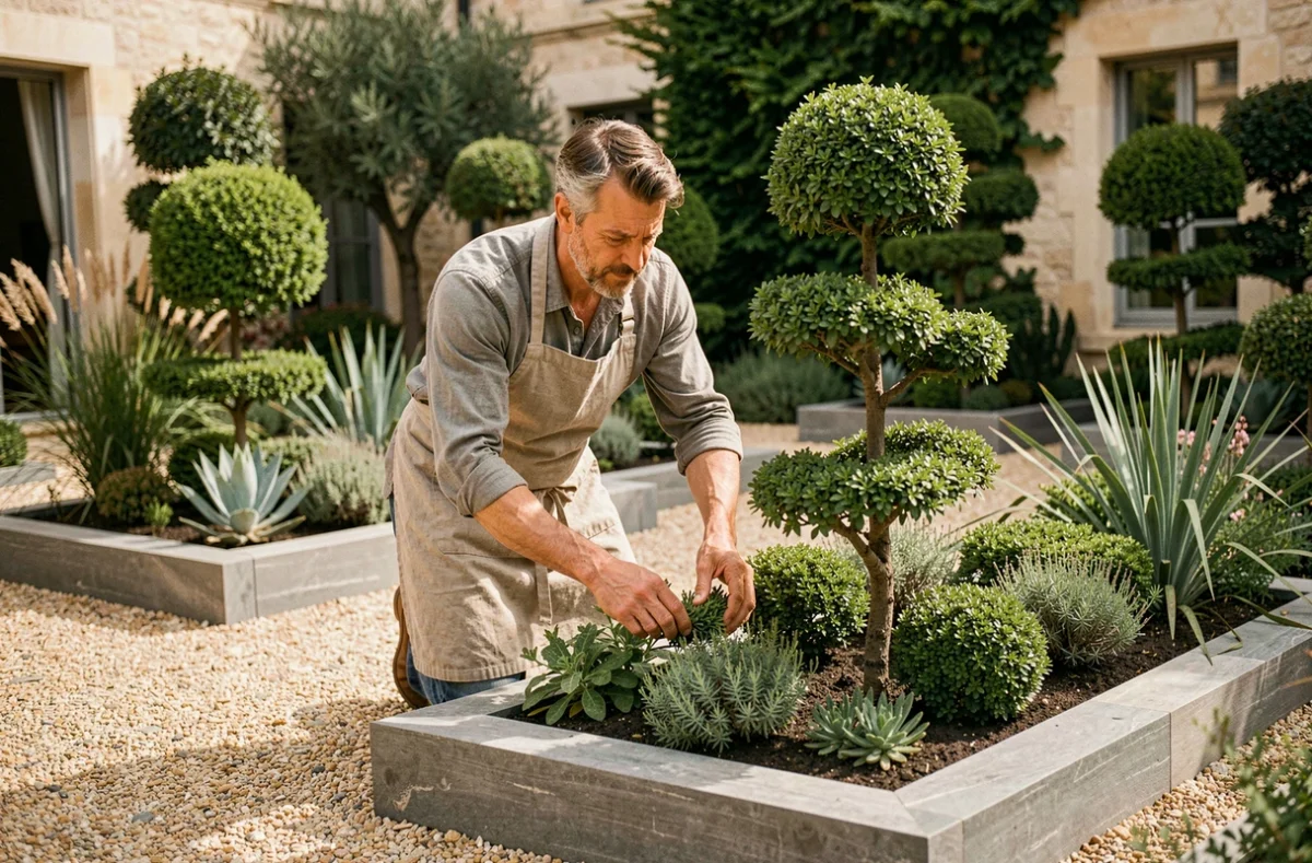 Paysagiste de Jardi Concept Art arrangeant des végétaux ornementaux et des topiaires dans un jardin résidentiel au design artistique