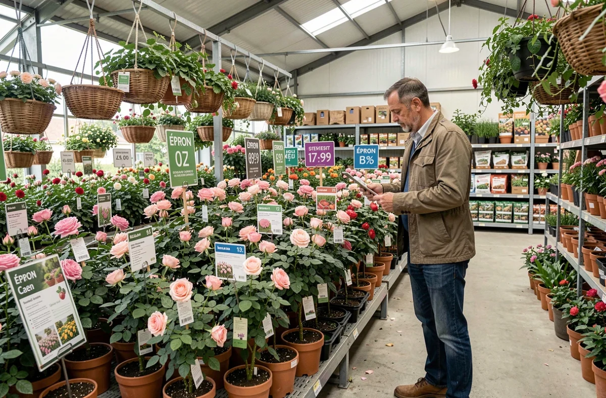 Client masculin explorant les rosiers en pot dans le rayon d'une grande jardinerie Jardiland à Épron près de Caen