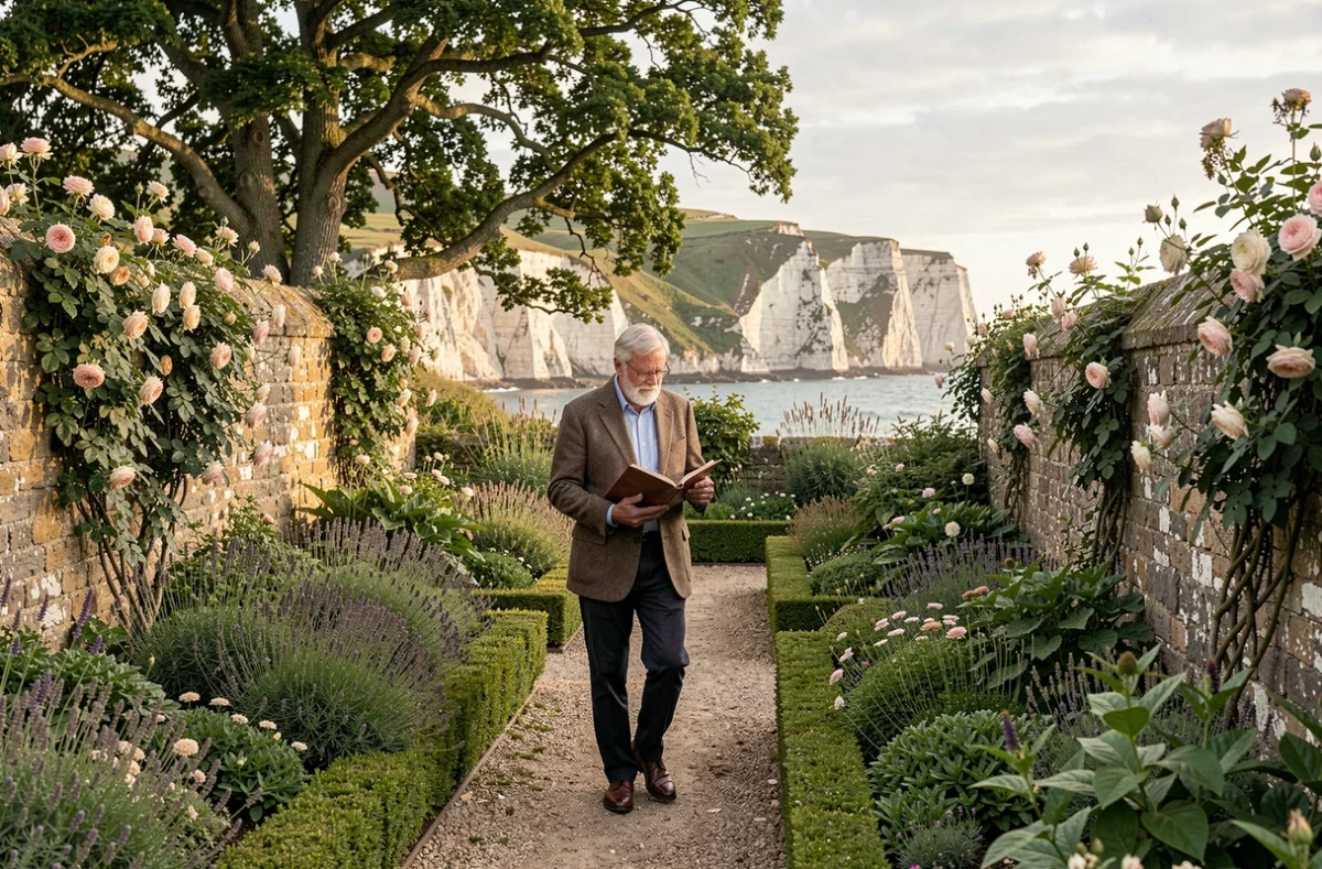 Visiteur explorant les jardins à l'anglaise du Jardin d'Auguste à Varengeville-sur-Mer avec falaises normandes en arrière-plan