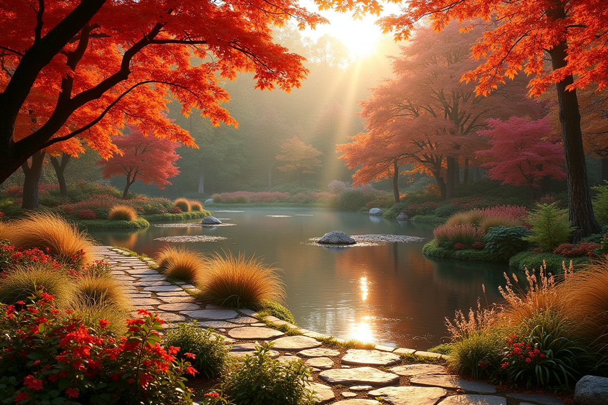 Jardin botanique en automne avec feuillage rouge et orange