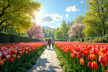 Jardin botanique au printemps avec tulipes en fleurs