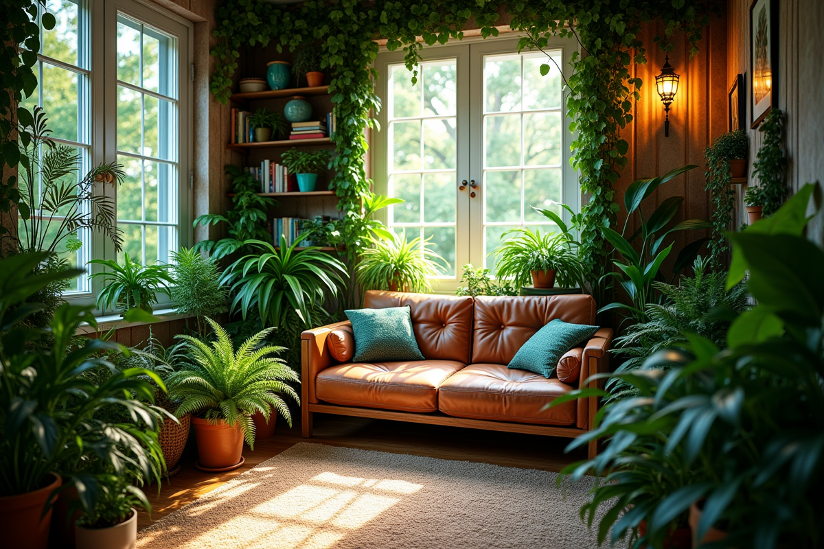 Petite pièce intérieure avec plantes et coin lecture