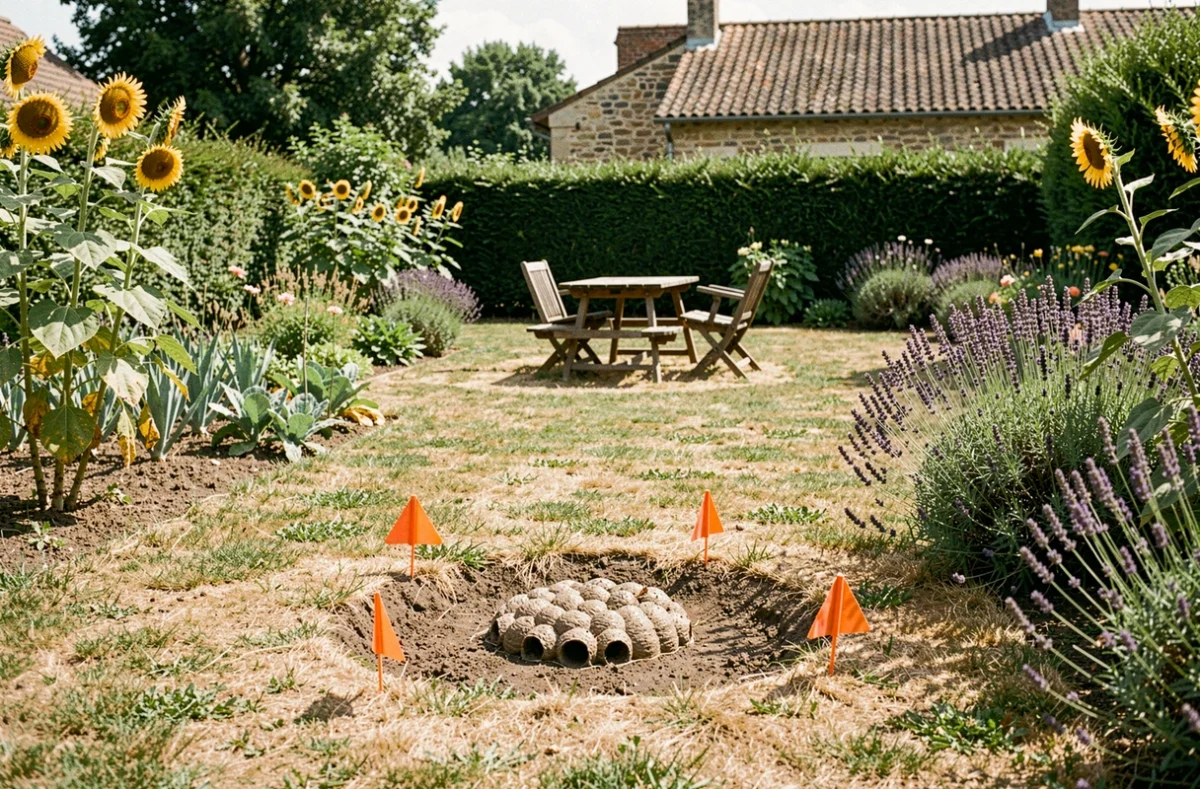 Vue large d'un jardin français en été avec un nid de guêpes dans le sol balisé par des drapeaux de sécurité orange près d'un potager