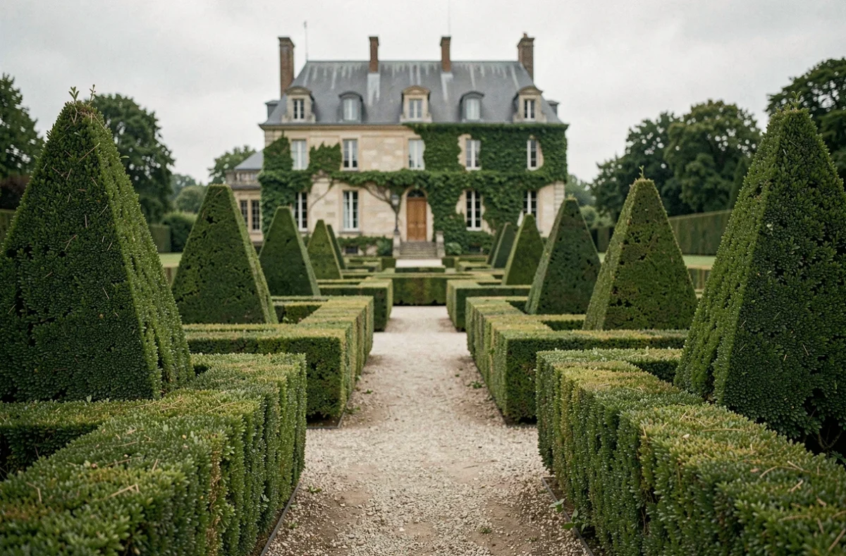 Jardin à la française avec topiaires taillés en cônes et haies de buis géométriques devant un manoir historique
