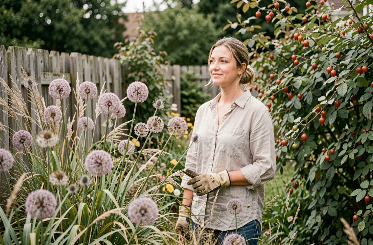Femme contemplant un jardin naturaliste non taillé avec graminées ornementales et arbustes sauvages en croissance libre