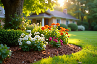 Jardin bien entretenu avec massif de fleurs et arbustes en mulch