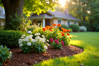 Jardin bien entretenu avec massif de fleurs et arbustes en mulch