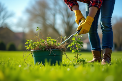 Personne en gants arrachant des mauvaises herbes dans un jardin vert