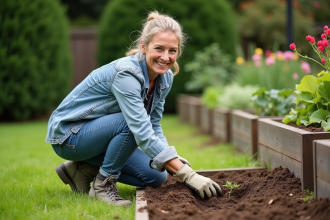 Femme de jardinage arrosant ses plantes dans le jardin