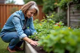 Femme en jardinage plantant des herbes parmi des fraises