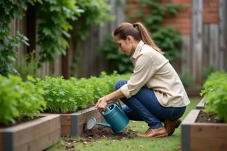 Femme arrosant jeunes plants de parsley dans un jardin