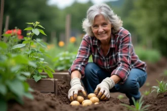 Femme jardiniere récoltant des patates dans son jardin