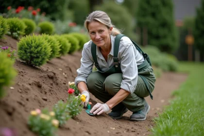Femme moyenne âge en jardin pratique arrangeant des fleurs