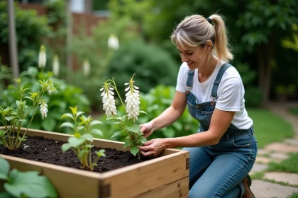 Femme jardinant avec plante de wisteria en pot