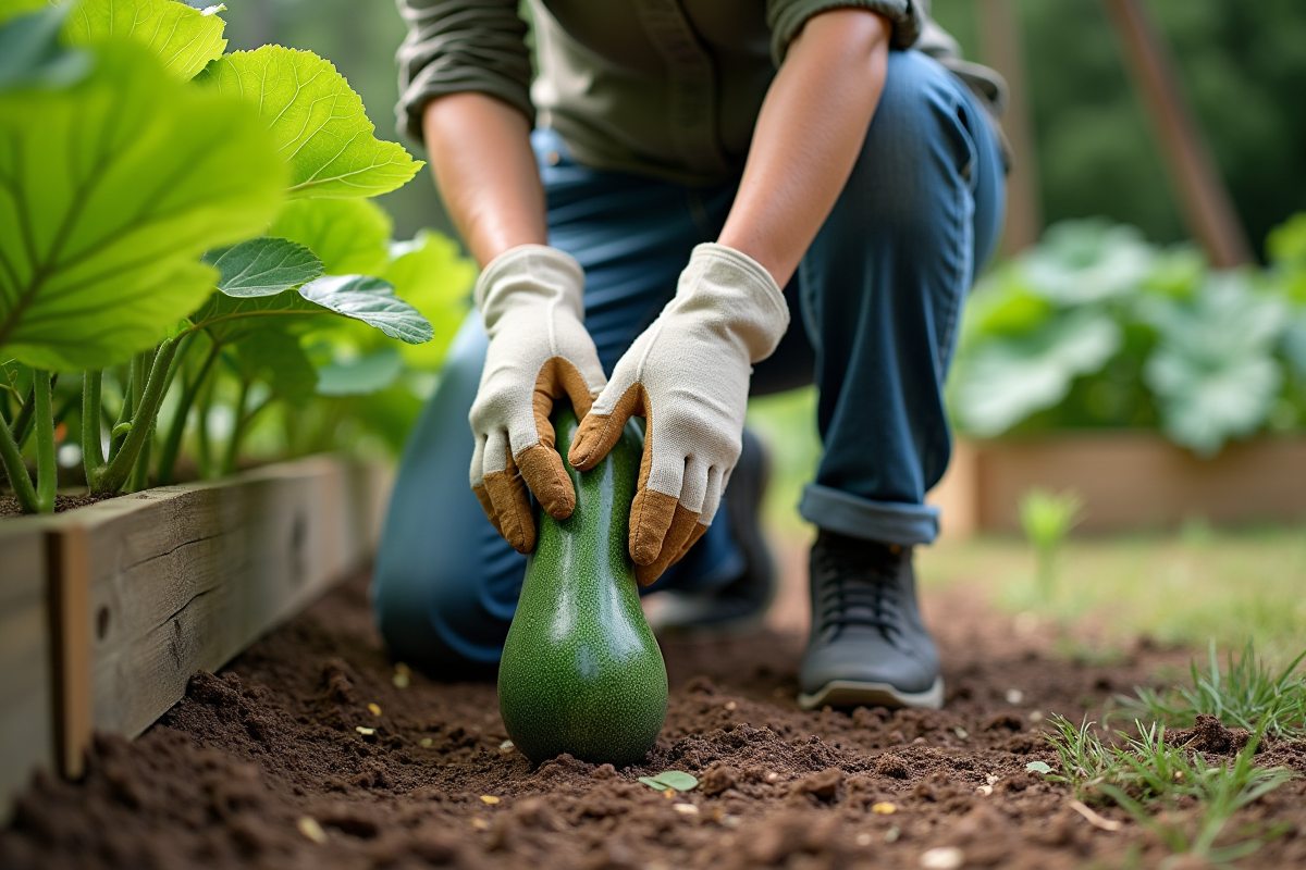 Femme jardinant protégeant un zucchini avec un filet
