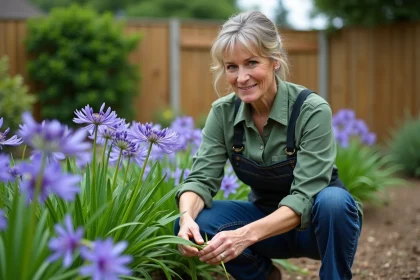 Femme en jeans et chemise verte prune agapanthus dans le jardin