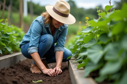 Femme en denim et chapeau de soleil semant des haricots verts dans le jardin