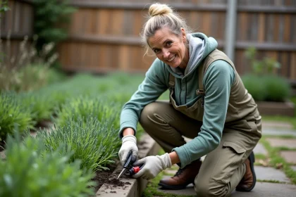 Femme en jardinage taillant une sauge dans son jardin