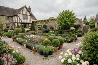 Vue large d'une jardinerie normande en fleurs au printemps avec bâtisse à colombages traditionnelle en arrière-plan