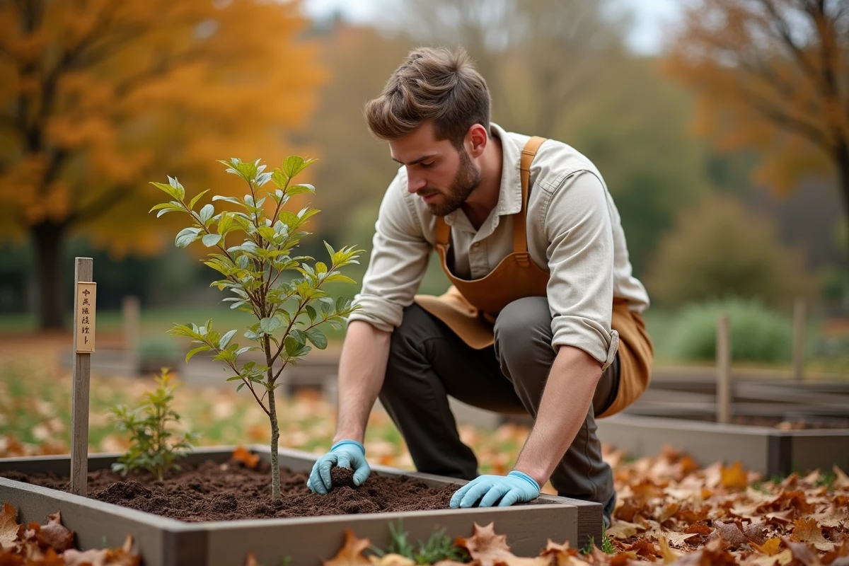 Jardinier plantant une bouture de noyer en automne dans un carré potager en bois
