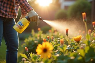Personne en gants de jardinage pulvérisant anti-weed près de fleurs ensoleillées