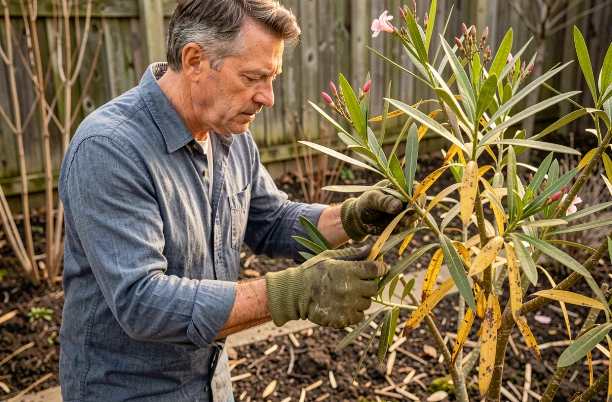 Jardinier inspectant les feuilles jaunissantes d'un laurier rose après l'hiver dans un jardin
