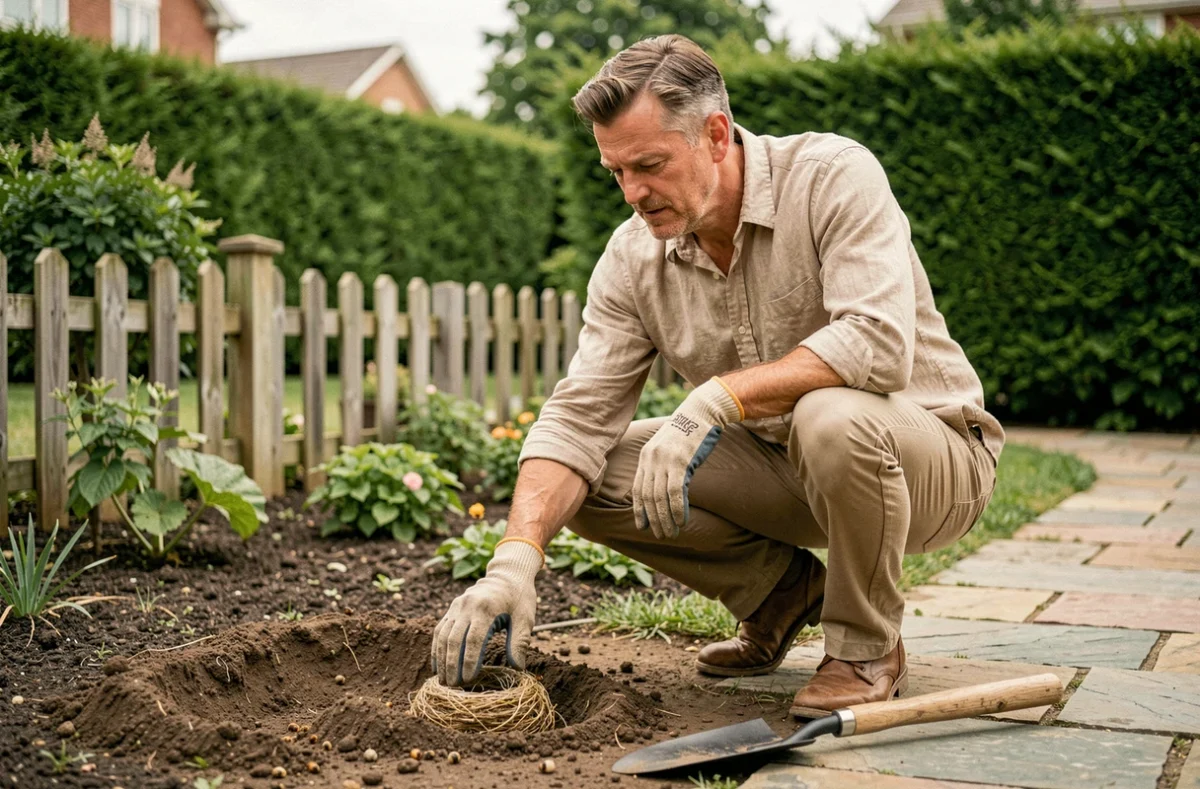 Jardinier adulte accroupi observant prudemment un nid de guêpes souterraines dans son jardin avec des gants de protection