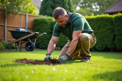 Homme jardinier en pantalon kaki et polo vert sur une pelouse