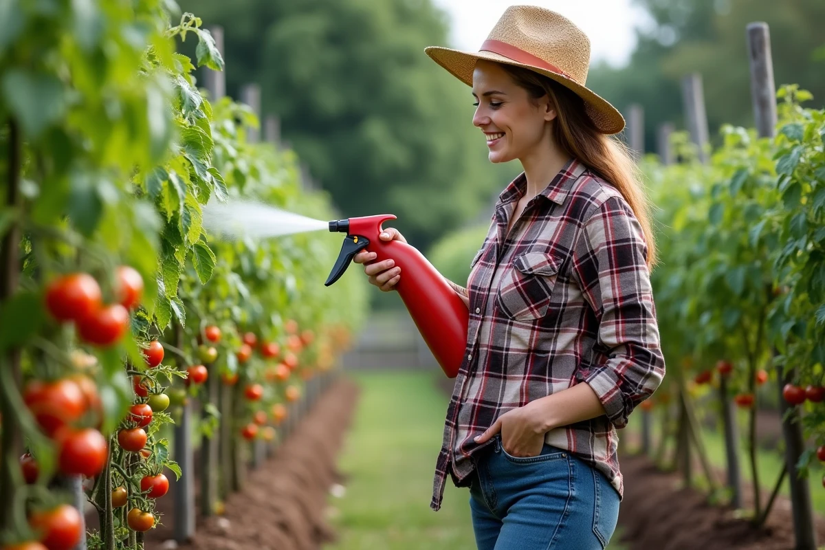 Femme dans son jardin en train de pulvériser des tomates mûres