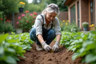 Femme moyenne âge semant des haricots verts dans son jardin