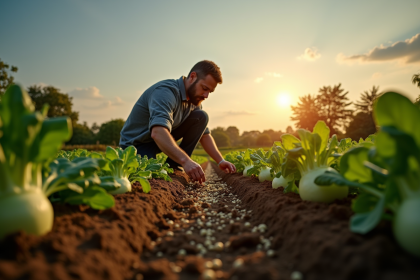 Jardinier semant des graines d'endive au lever du soleil