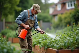 Homme jardinier pulvérisant des tomates avec un pulvérisateur