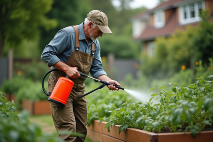 Homme jardinier pulvérisant des tomates avec un pulvérisateur