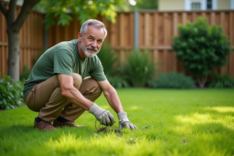 Homme jardinier en pleine action dans le jardin