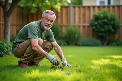 Homme jardinier en pleine action dans le jardin