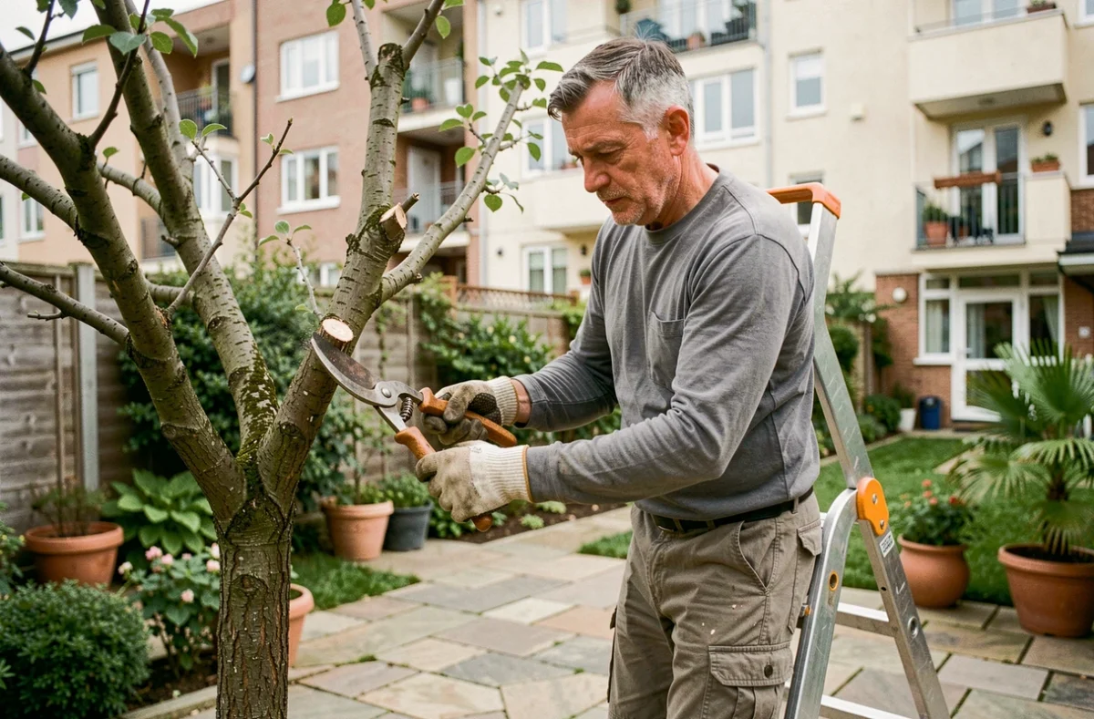 Jardinier sur une échelle taillant un arbre fruitier dans un petit jardin urbain avec sécateur manuel
