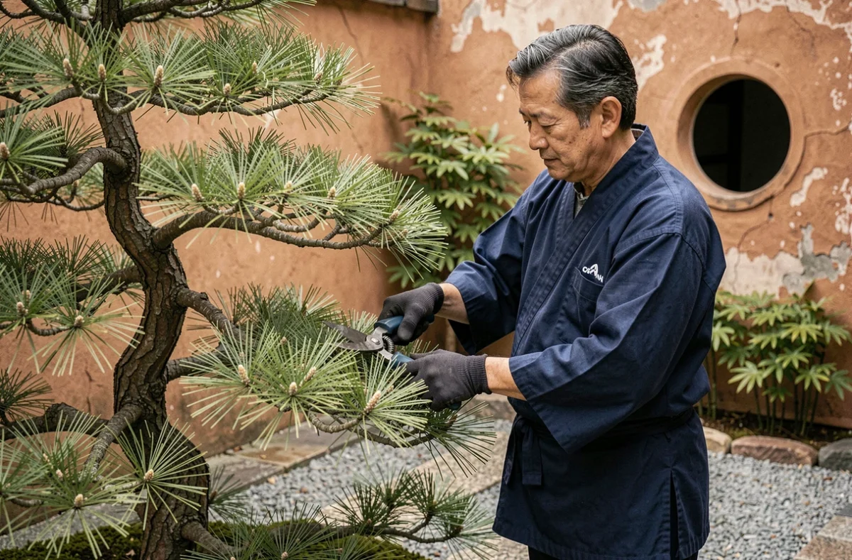 Jardinier façonnant un pin blanc japonais en jardin de cour avec mur en argile et bambou nain