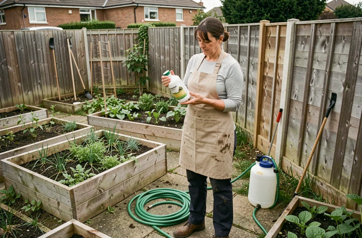 Jardinière amateur lisant l'étiquette d'un herbicide au glyphosate dans un jardin potager avec pulvérisateur de 5 litres