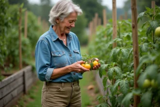 Femme jardiniere inspectant une feuille de tomate jaune