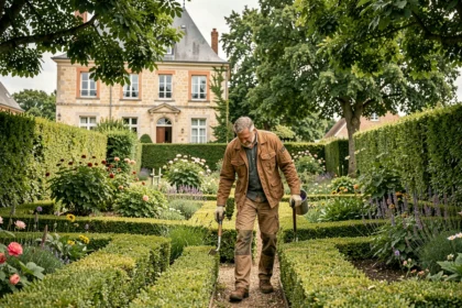 Jardinier professionnel entretenant un jardin résidentiel dans les Yvelines, avec haies taillées et massifs fleuris