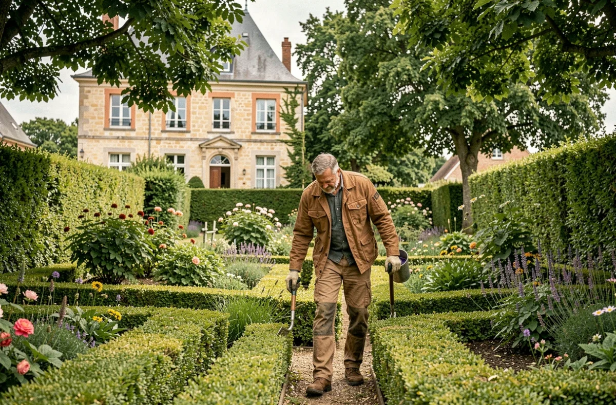 Jardinier professionnel entretenant un jardin résidentiel dans les Yvelines, avec haies taillées et massifs fleuris