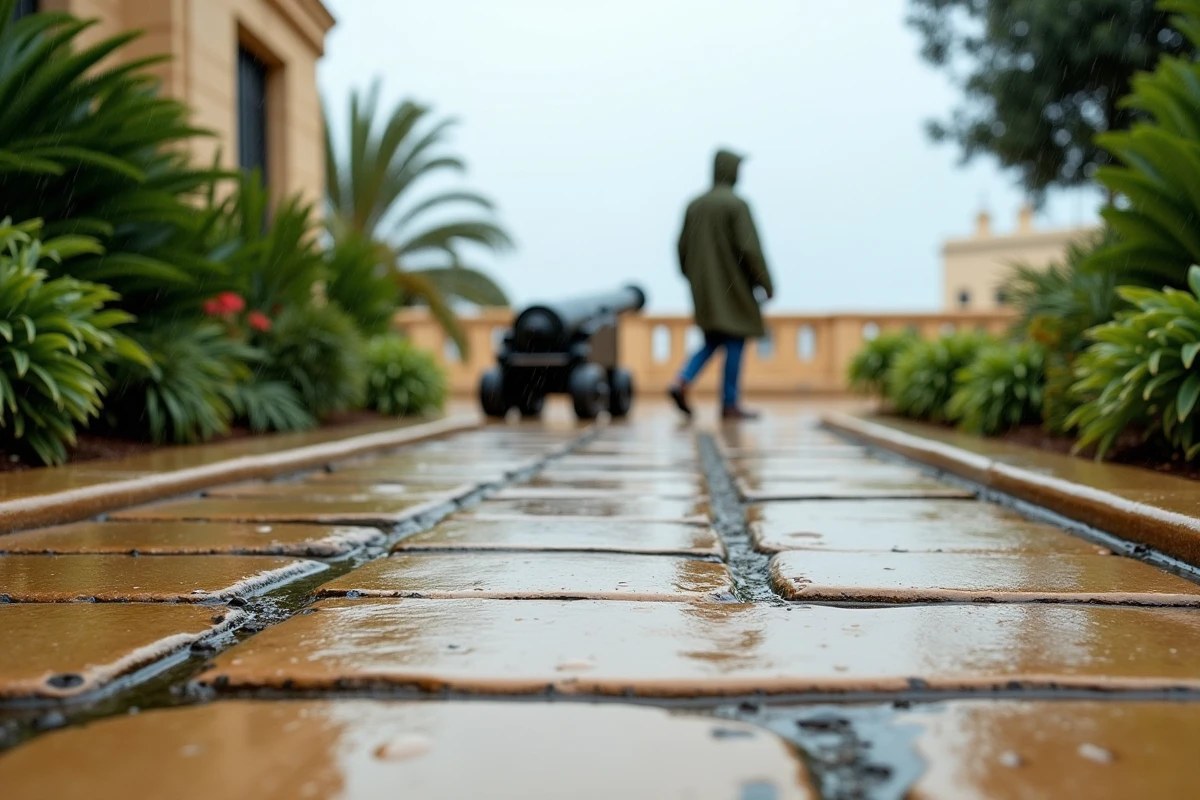 Allée pavée mouillée des jardins de Barrakka à Malte sous la pluie avec visiteur en poncho observant un canon historique