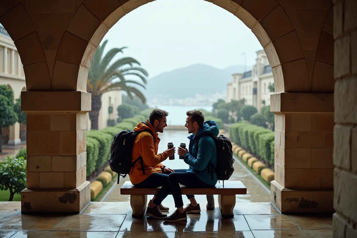 Couple sous l'arcade des jardins de Barrakka à Malte par temps de pluie, partageant une boisson chaude