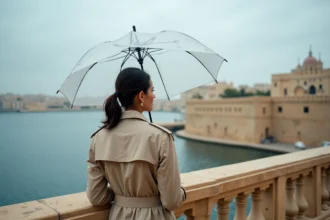 Femme avec parapluie transparent aux jardins de Barrakka à Malte sous la pluie, vue sur le Grand Harbour