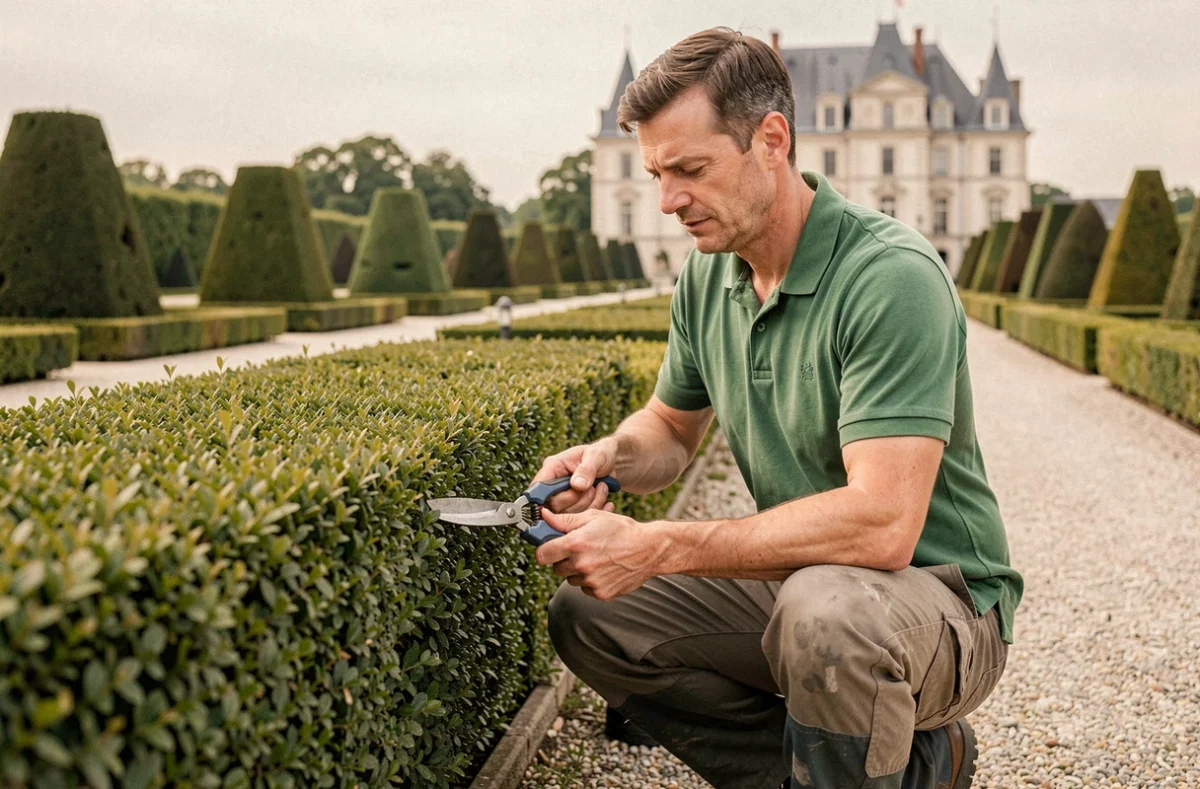Jardinier professionnel taillant une haie ornementale dans un grand jardin de style français, représentant Jardins de Gally