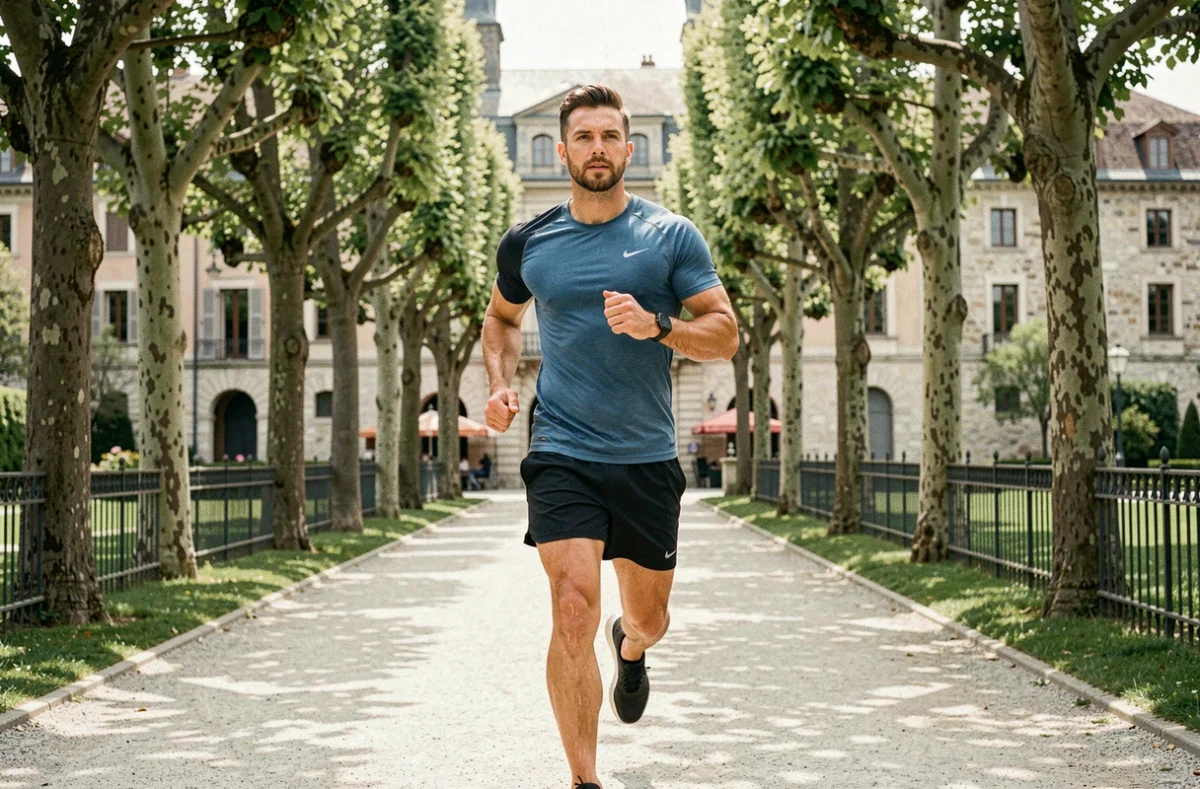 Jogger masculin courant dans les Jardins de l'Europe à Annecy entre les platanes