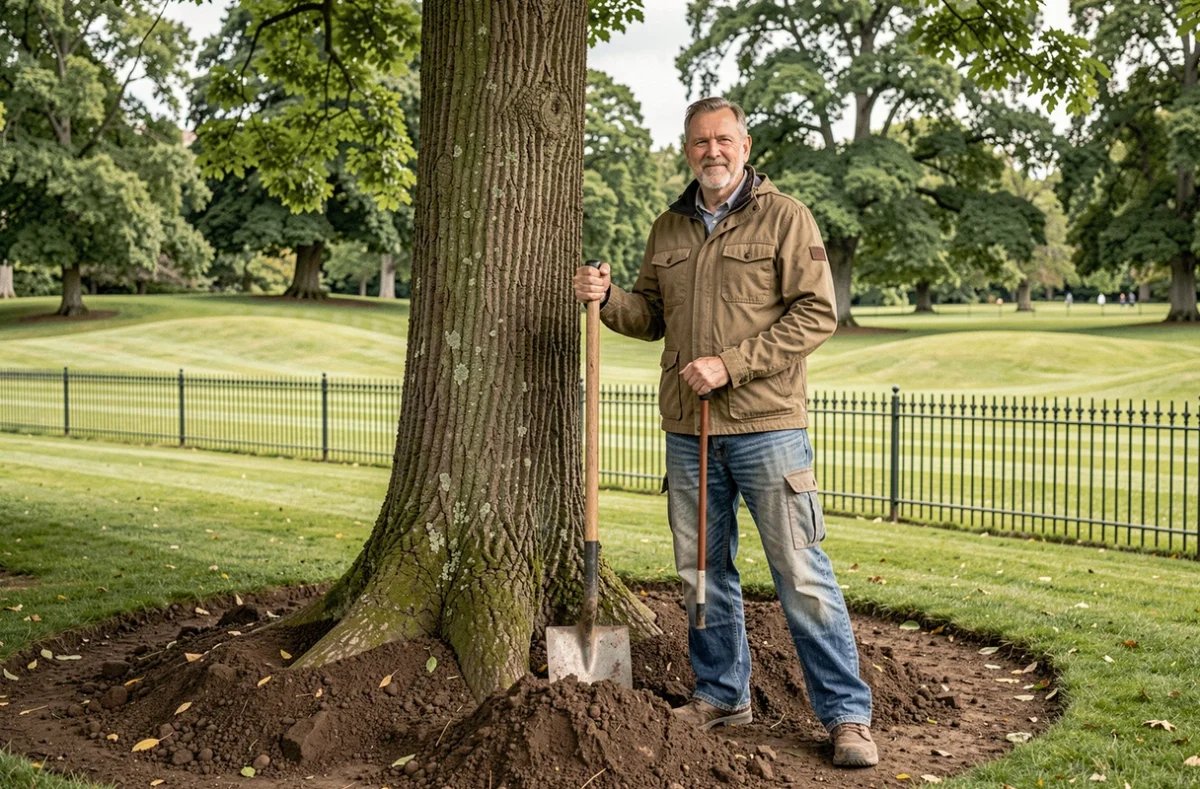 Paysagiste expérimenté plantant un arbre mature dans un parc privé, représentant Jean Lepaon Lepaon Jardins Parc
