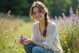 Jeune femme cueillant des violettes dans un champ ensoleille